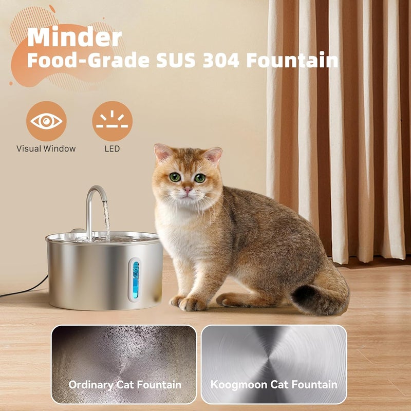 KOOGMOON Cat Water Fountain Stainless Steel: 2.2 L Cat Fountain for Drinking - Automatic Pet Water Fountain for Cats Inside - Metal Cat Dog Water Dispenser Bowl with Faucet Water Level Window Ultra Quiet Pump - Image 3